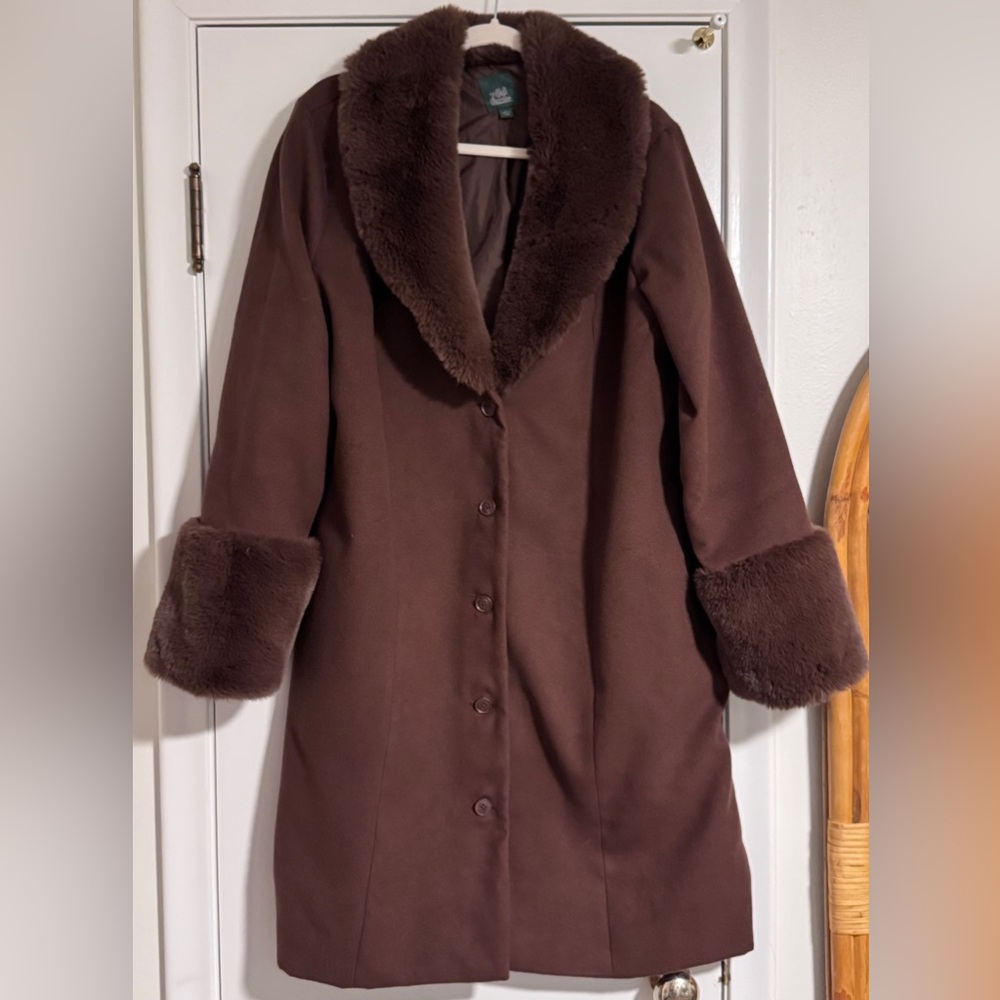 Wild Fable Chocolate Brown Fur Collar Midi Coat- Size Large
